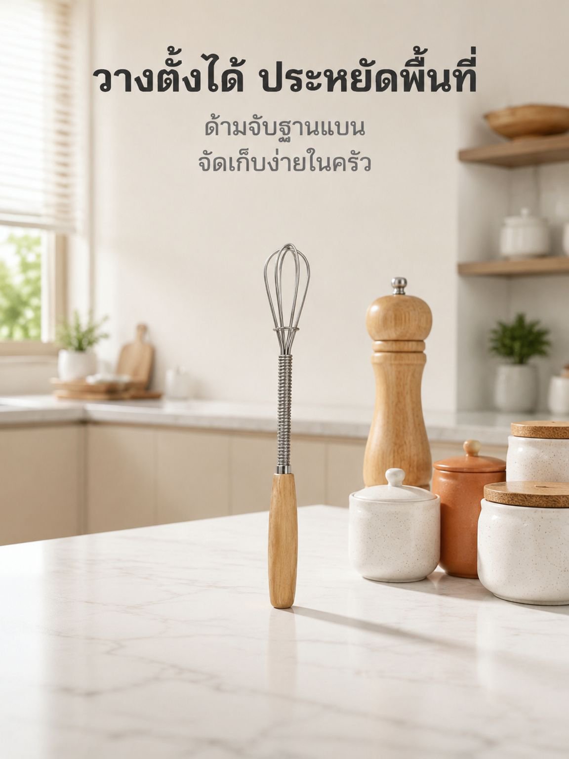 เครื่องตีไข่สแตนเลสพร้อมด้ามไม้แบบมือจับ