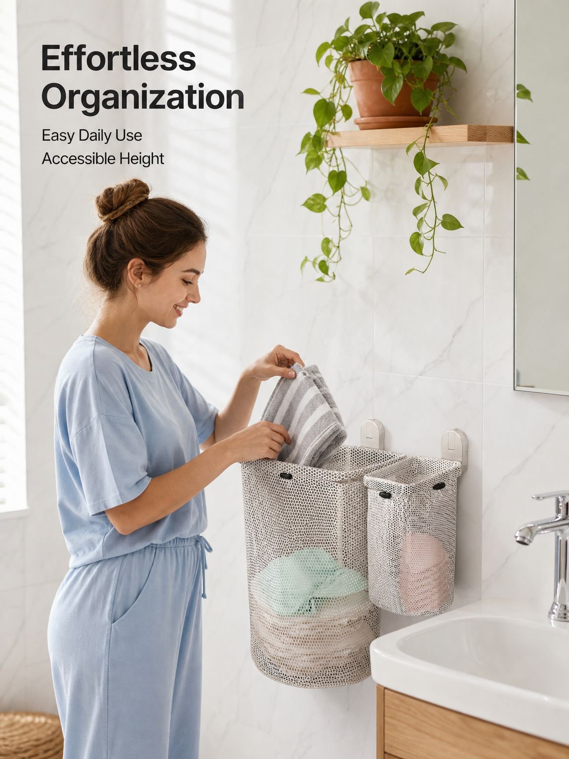 Double suction cup laundry basket, wall-mounted, no-drill, foldable, breathable, suitable for bathro