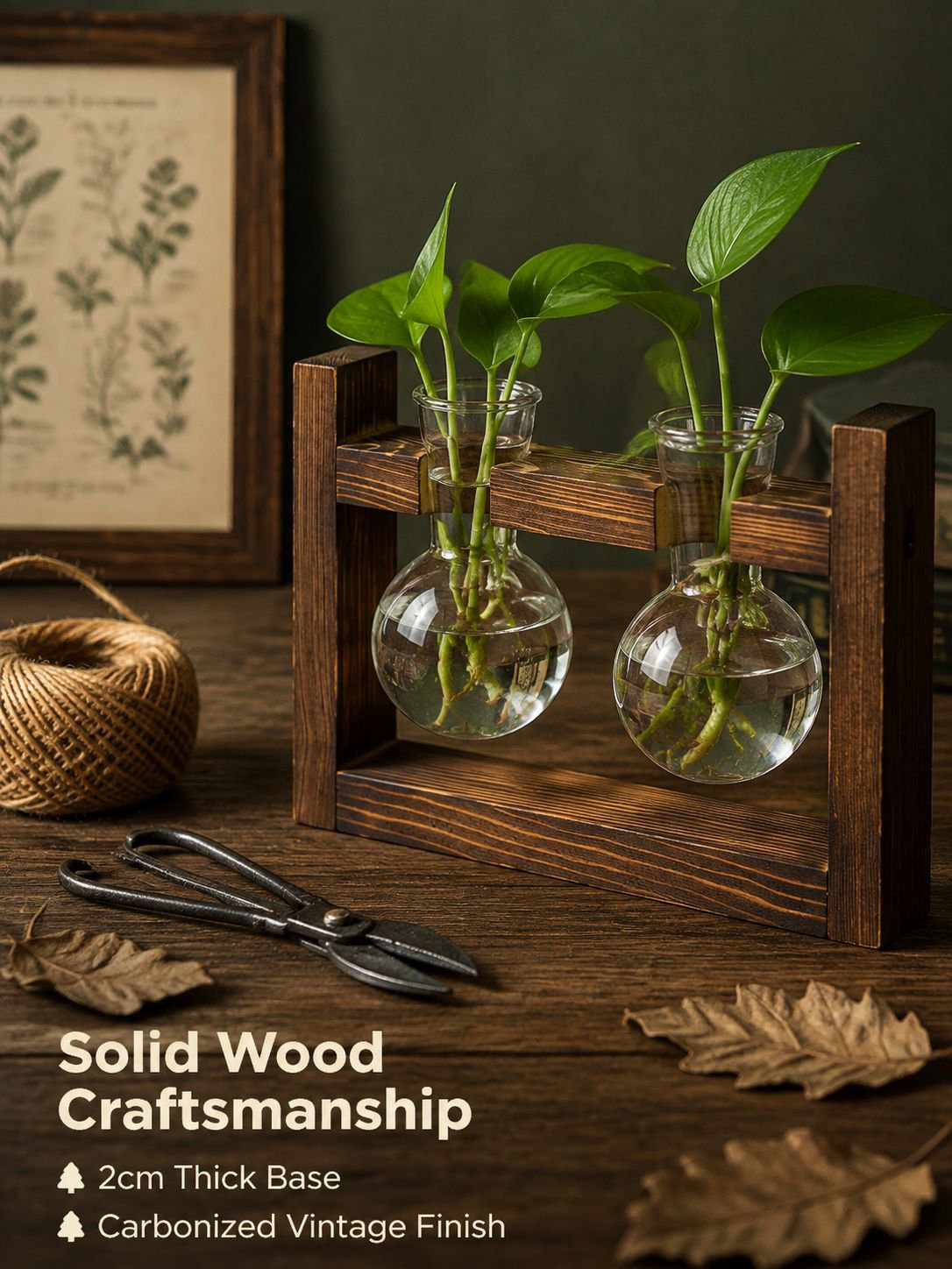 Glass Bottle Hydroponic Greenery Wooden Stand Ornament