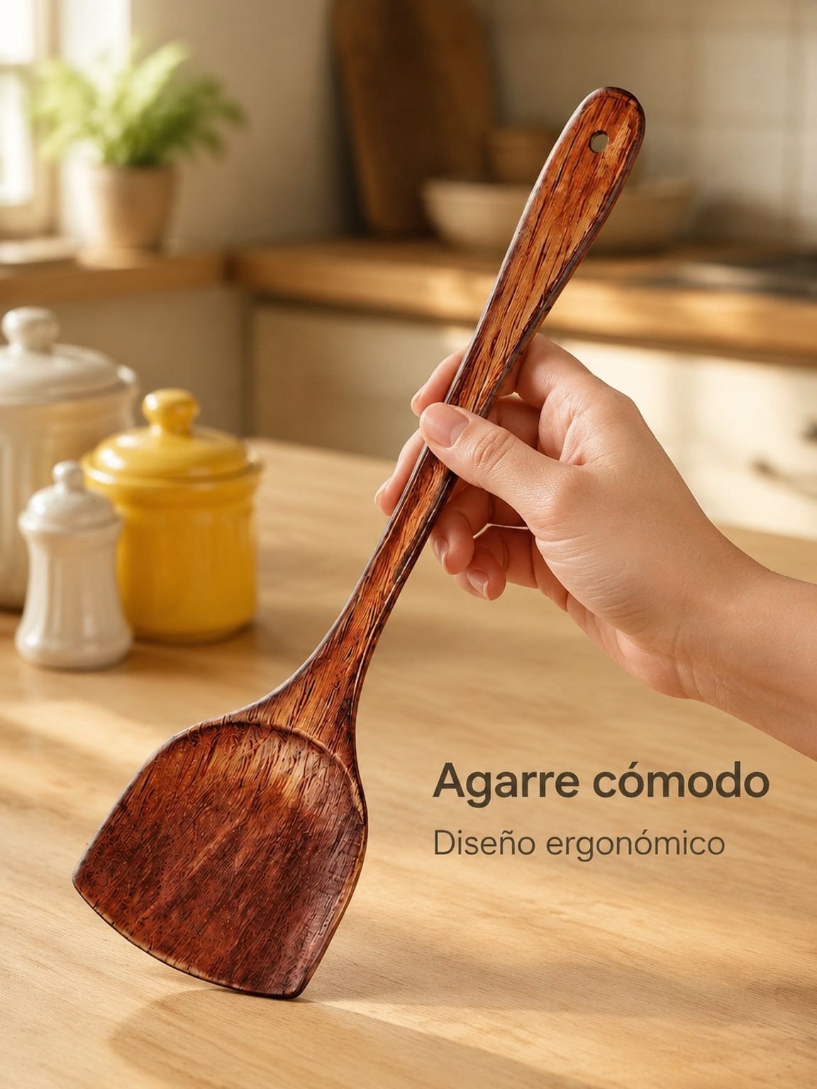 Espátula de madera de haya para cocinar en la cocina.