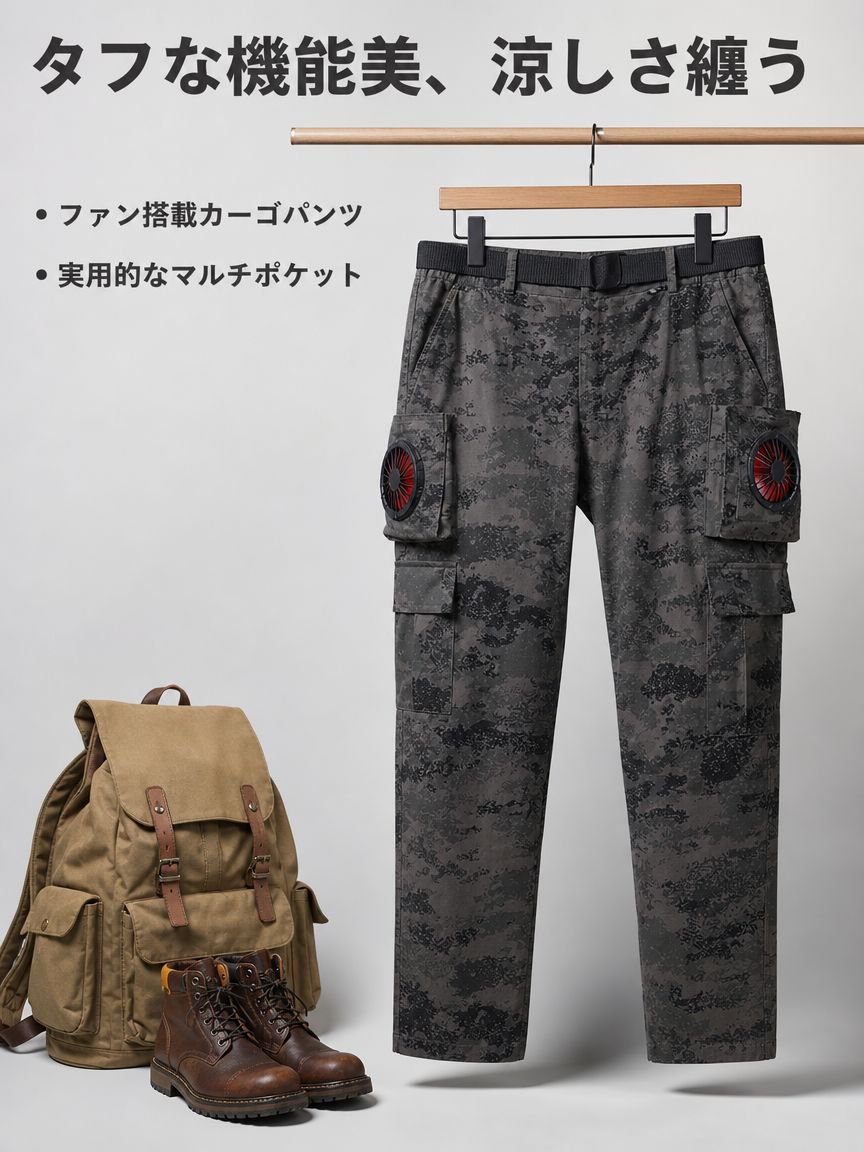 アウトドア用猛暑対策3秒急速冷却ファン付きメンズパンツ