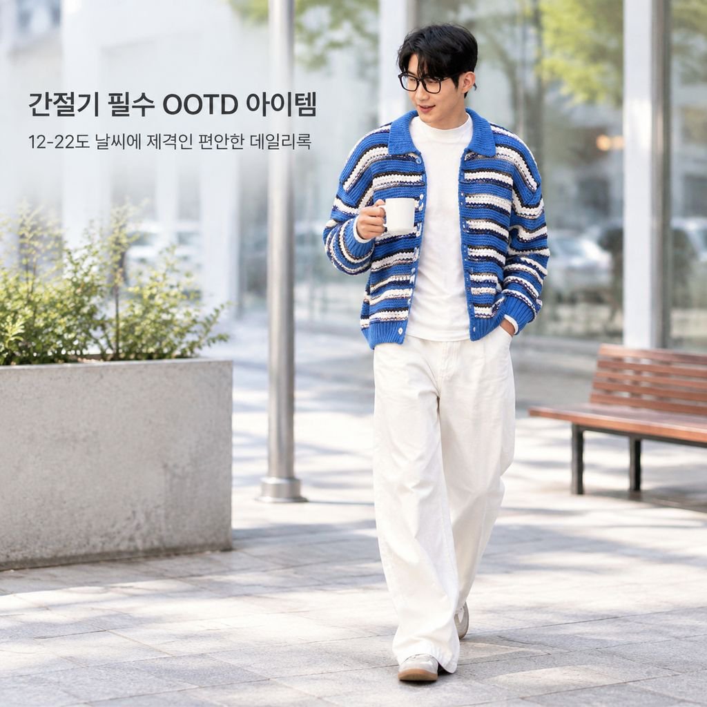 남성용 블루 앤 화이트 줄무늬 카라 니트 가디건 가을 시즌 너플한 멋이 있는 스웨터 상의