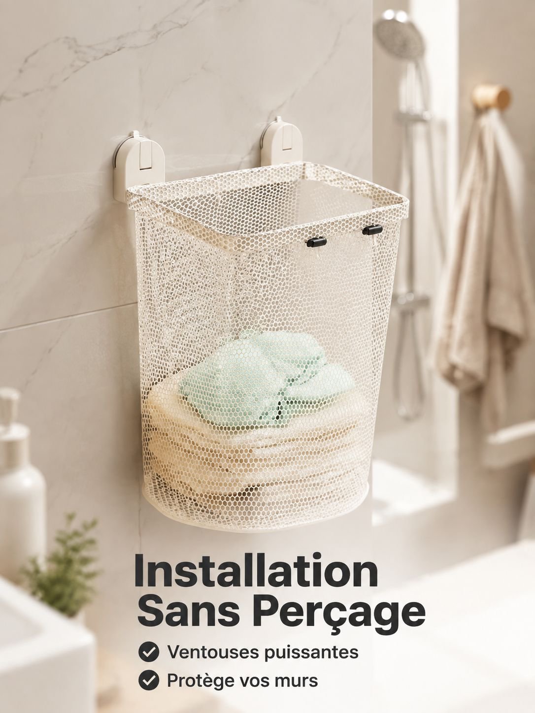 Panier à linge mural sans perçage, ventouse double, pliable, rangement salle de bain