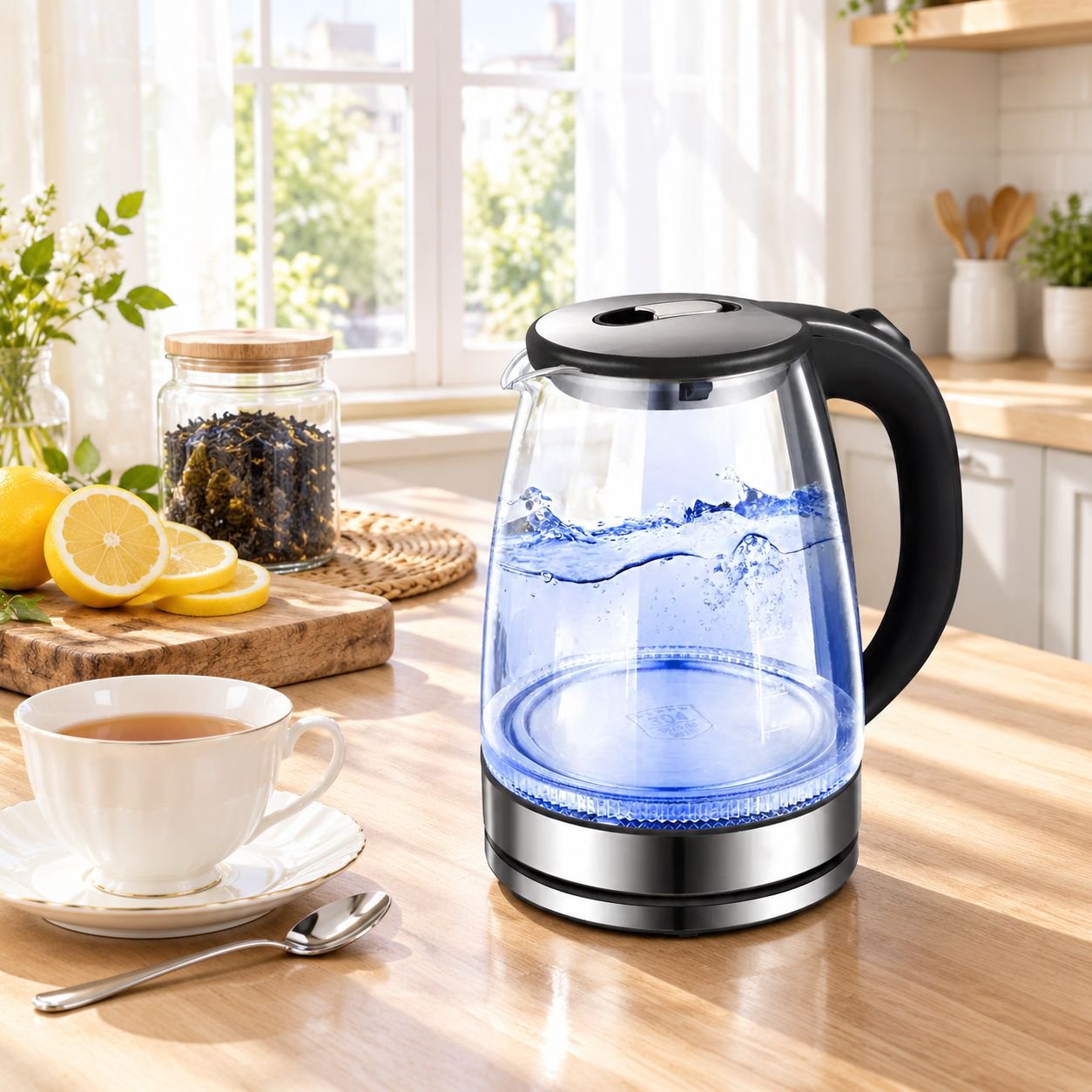 Glass Electric Kettle with Boil-Dry Protection and Blue LED Light