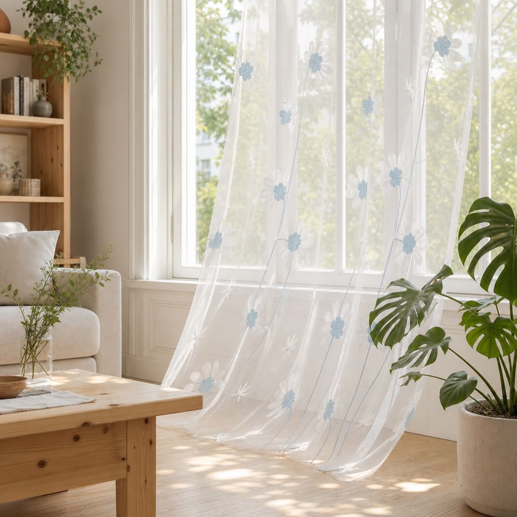 Window screen with chrysanthemum embroidery, simple and transparent modern fabric, suitable for livi