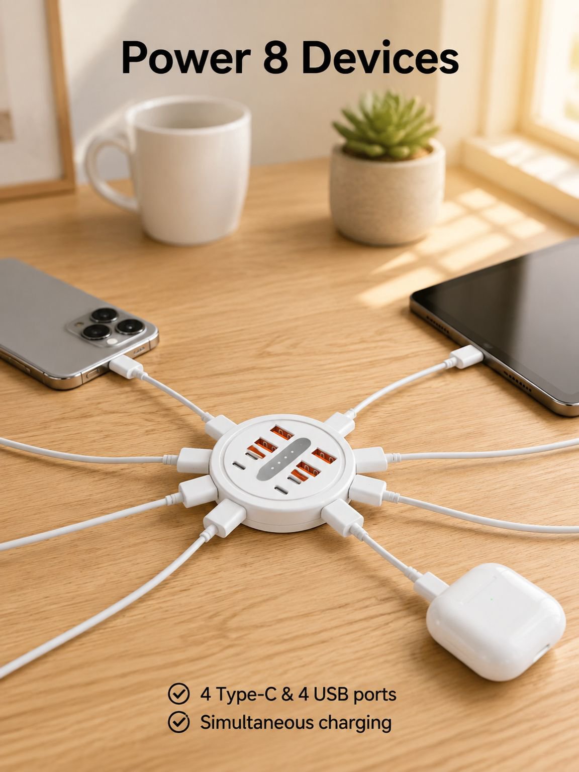 8-in-1 Round Portable Power Strip with USB & Type-C Fast Charging Adapters
