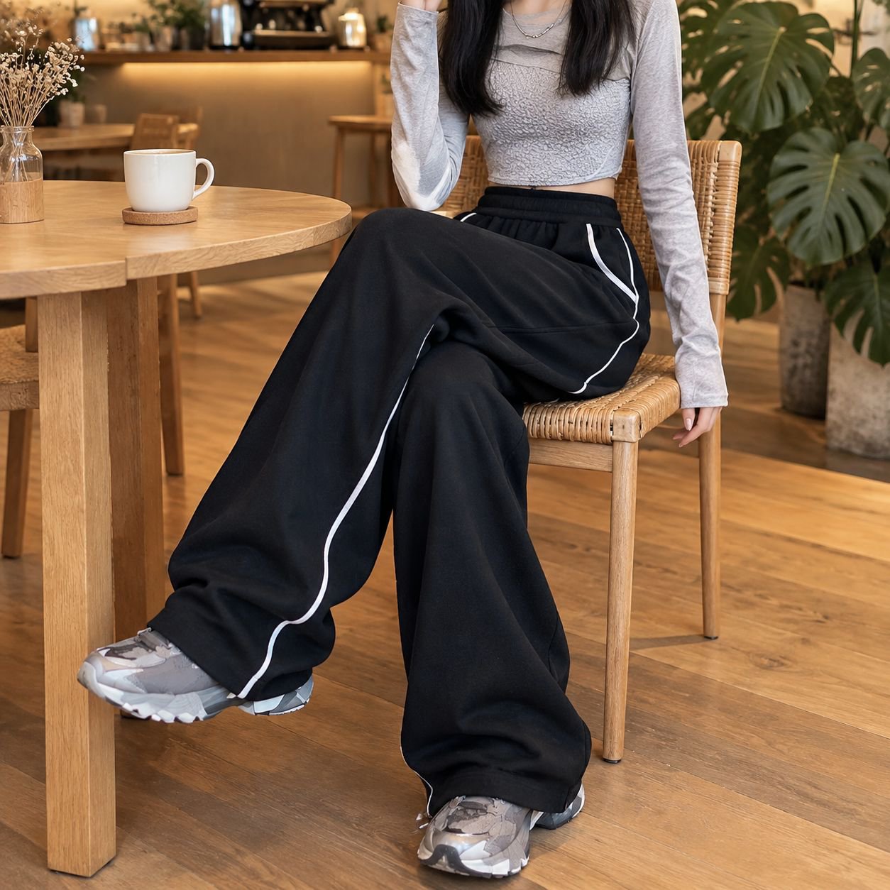 レディース秋冬ゆったり細見せストレートスウェットパンツ サイド配色ハイウエストワイドカジュアルパンツ