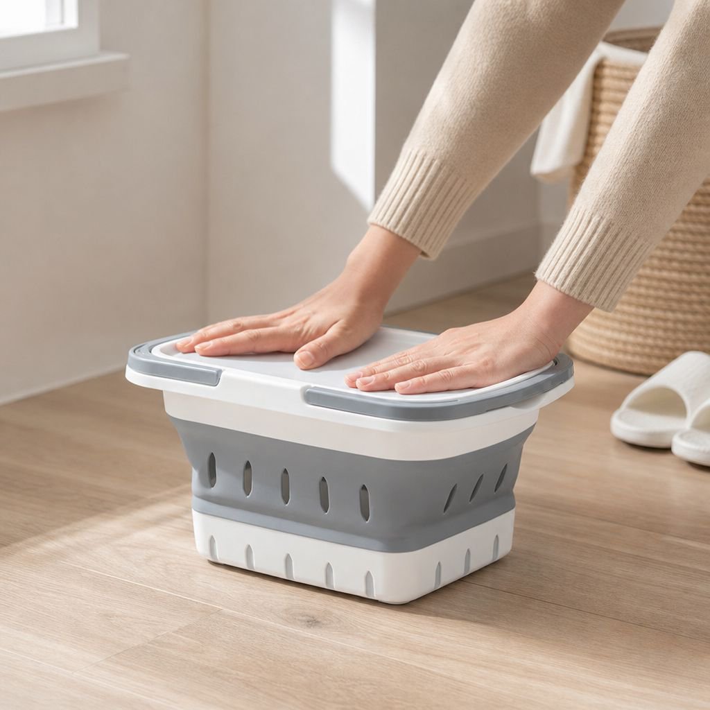 Space-saving laundry hamper folded flat for storage
