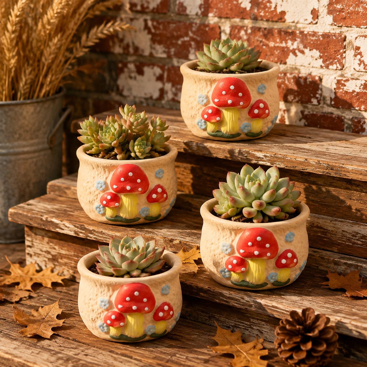 Handmade oval ceramic pot with mushroom accents for home decor