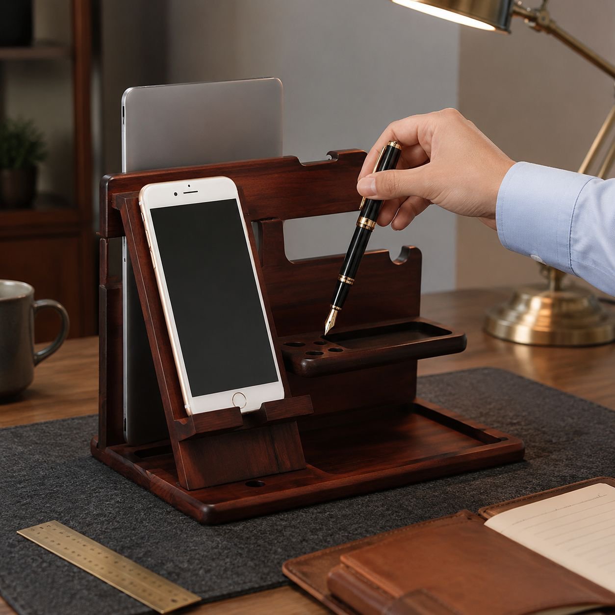 Elegant solid wood phone holder for workspace