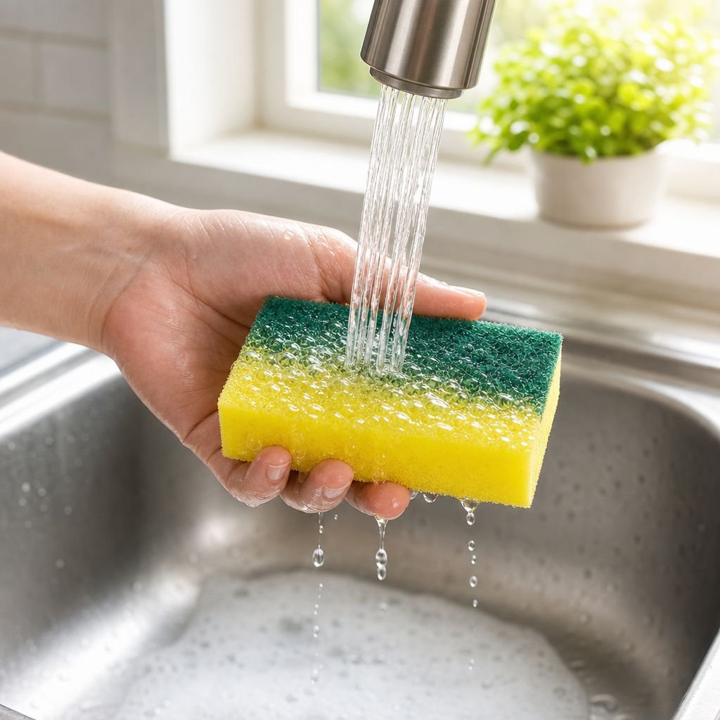 Sponge cloth removing tough grease from a frying pan