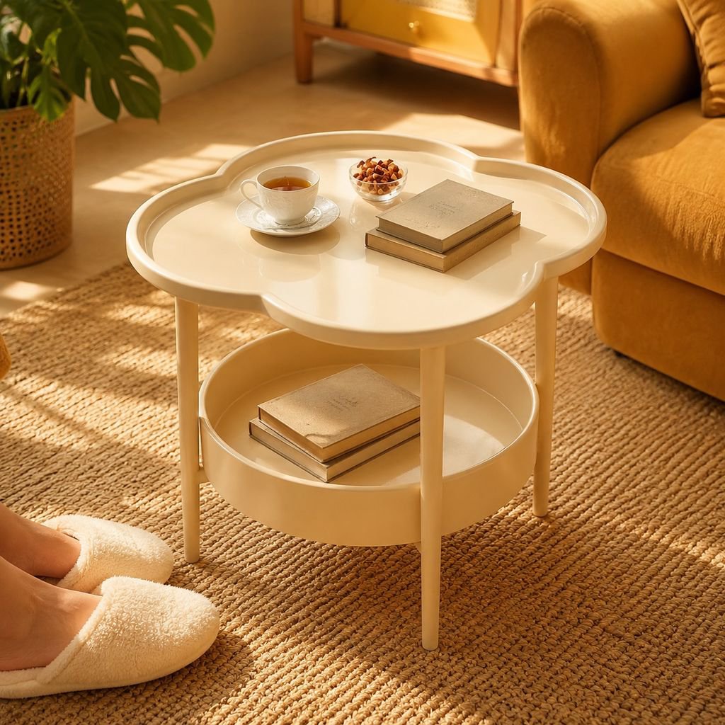 Minimalist bedside table in creamy color