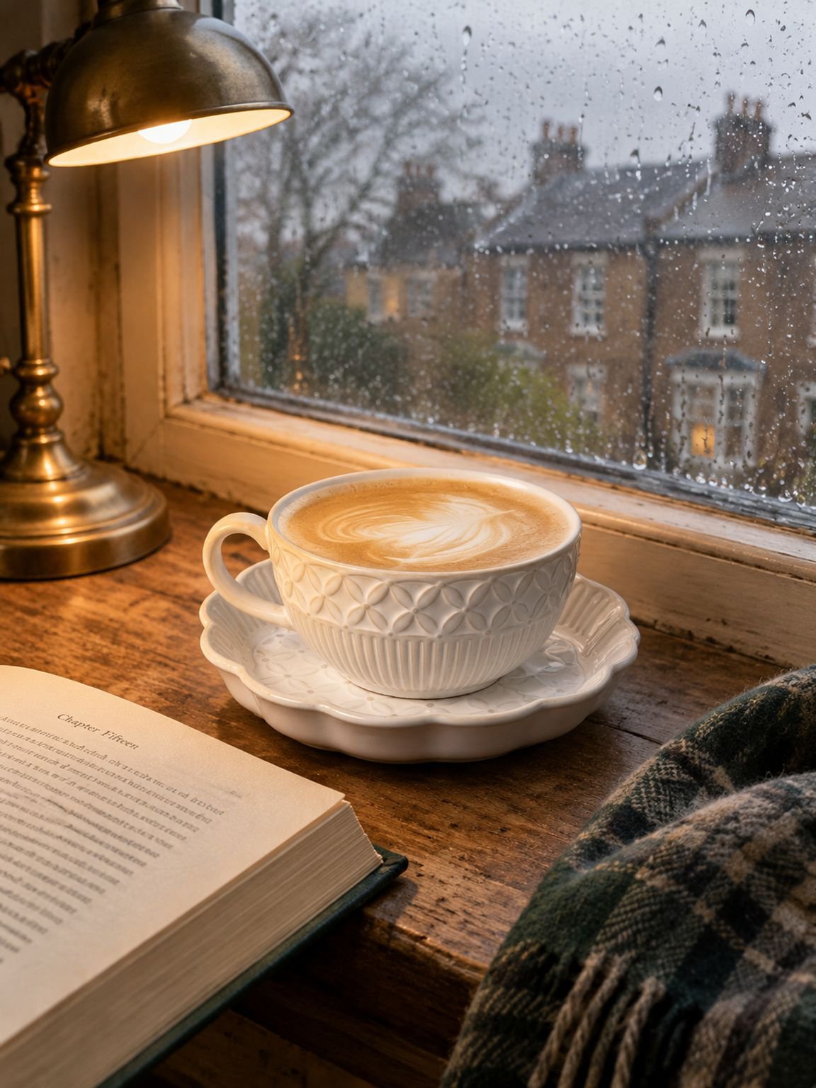 Premium embossed coffee cup and saucer set arranged in a cozy setting