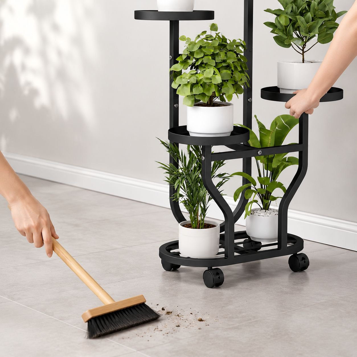 Elegant foliage plant stand with metal frame and wheels