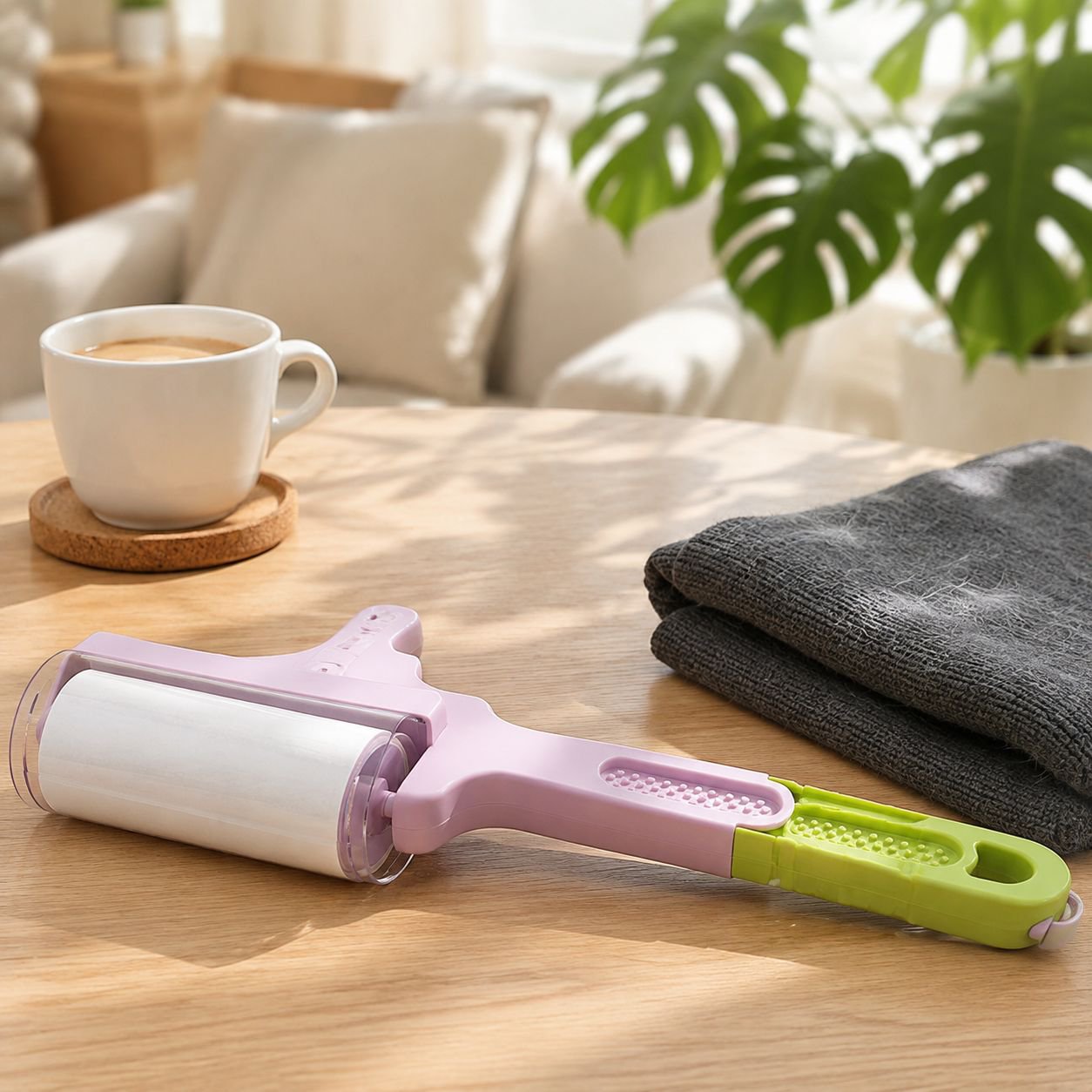 Lint roller picking up dust and debris from clothing