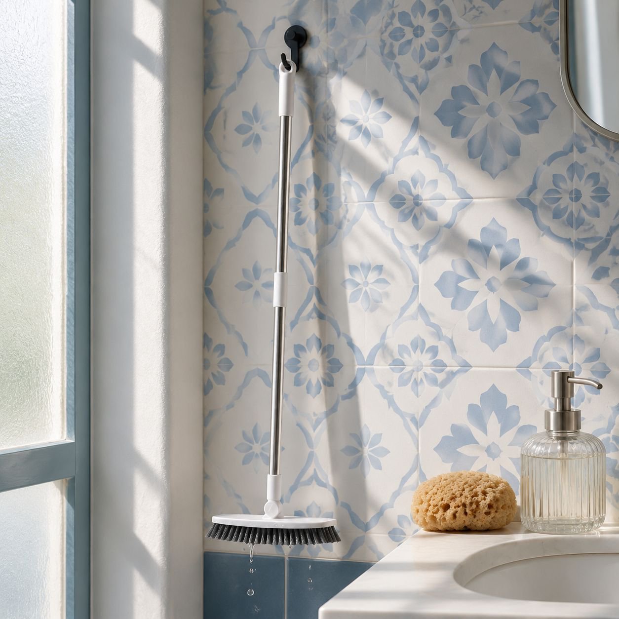Cepillo de piso doméstico con mango largo y cerdas duras para limpiar rincones y azulejos en el baño