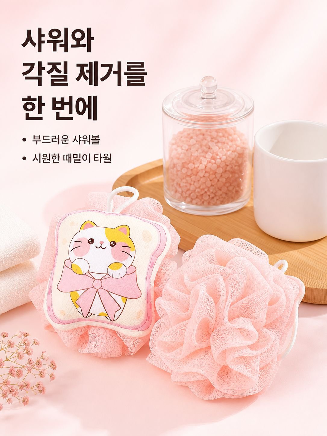 소프트 더블 샤워 플라워 때밀이 2 in 1 디자인으로 쉽게 변형되지 않고 뭉침이 빠르게 일어나는 성인용 때밀이 타월