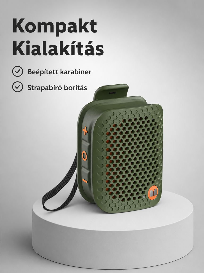 Hordozható mélynyomású, hosszú üzemidejű, csíptethető Bluetooth hangszóró