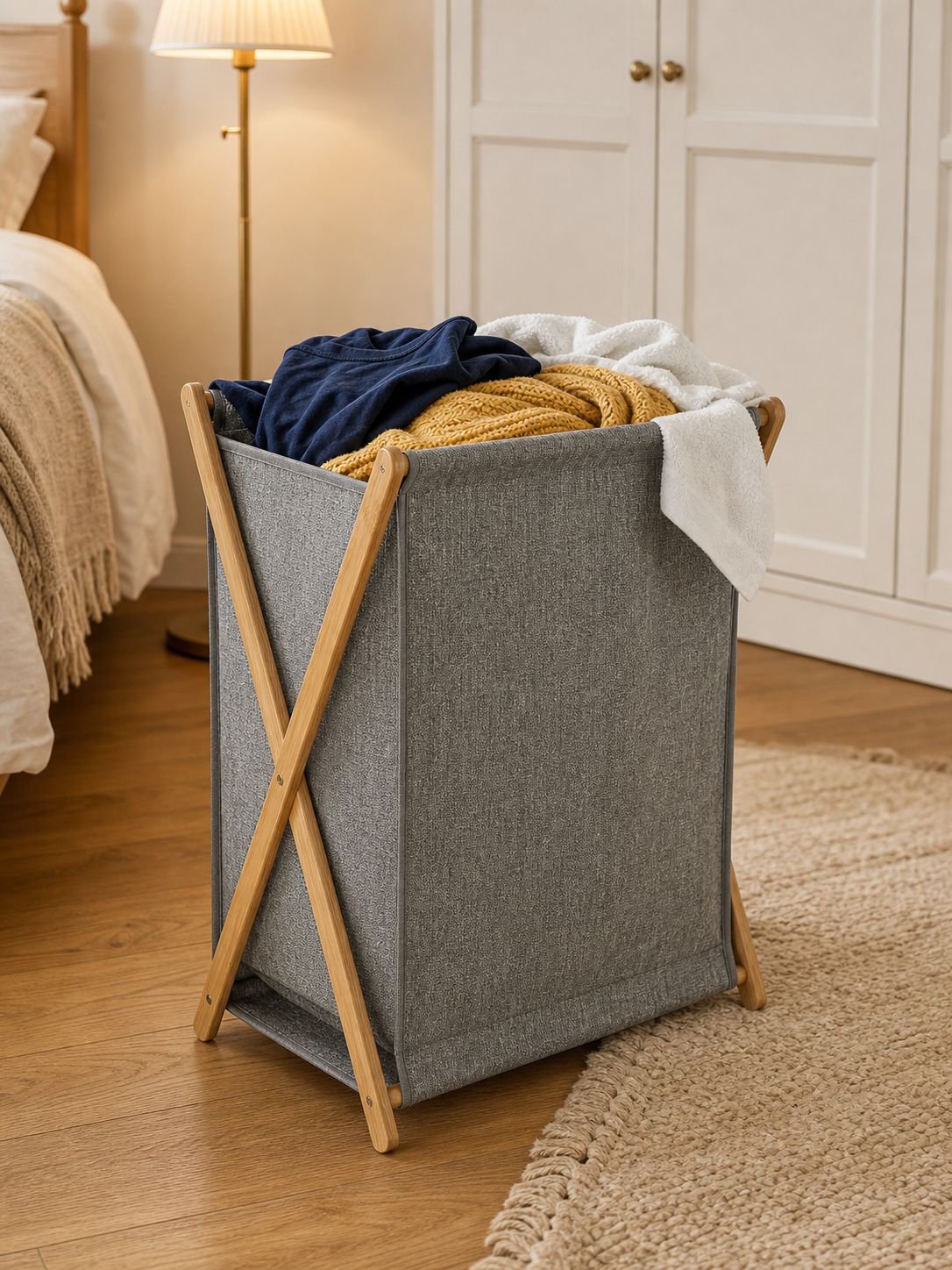 Eco-friendly PVC bamboo laundry basket in modern home