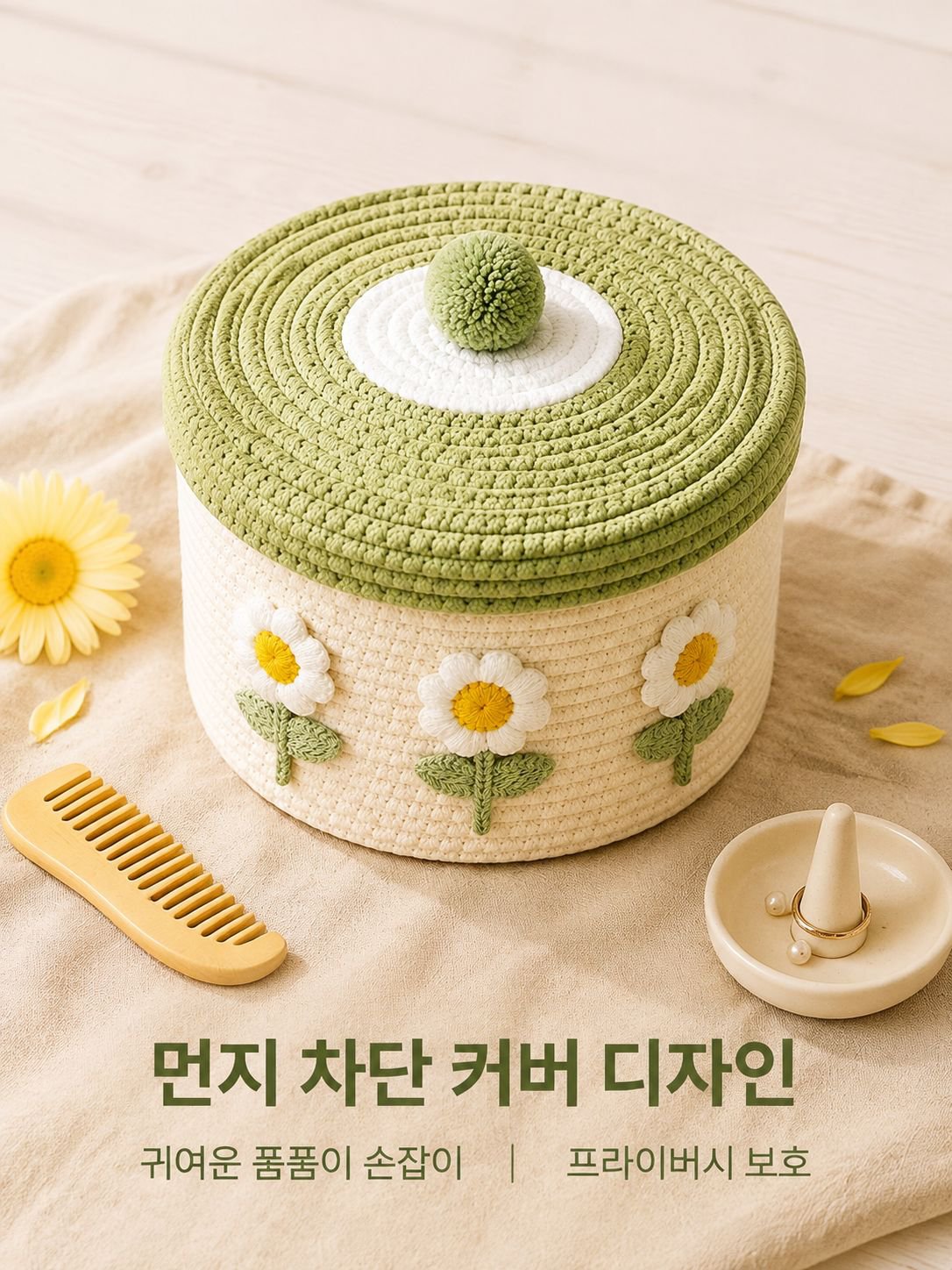 뚜껑이 있는 면사 짜임 수납 바구니