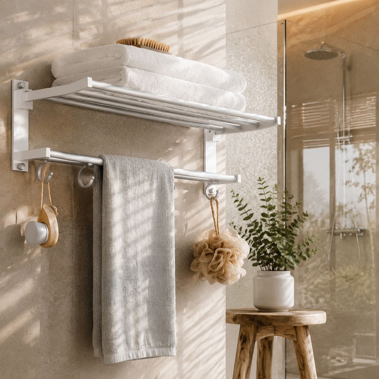 White Wall-Mounted Bathroom Towel Shelf No-Punch