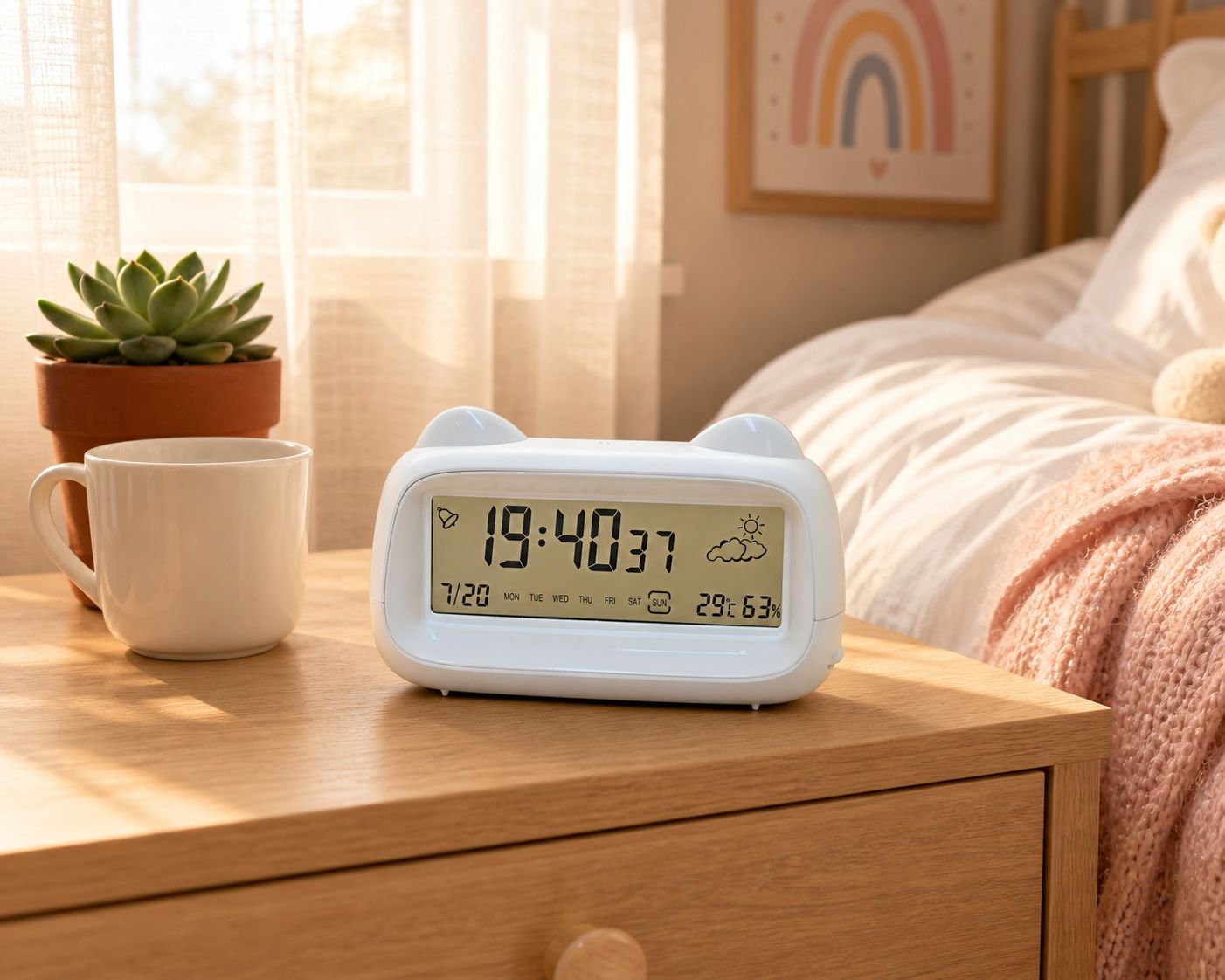 Kids using cat alarm clock with soft night light