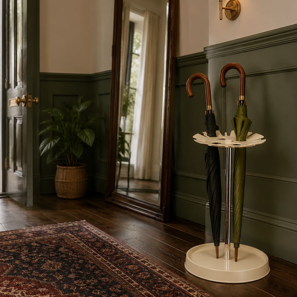 Multi-purpose umbrella storage rack in hotel lobby
