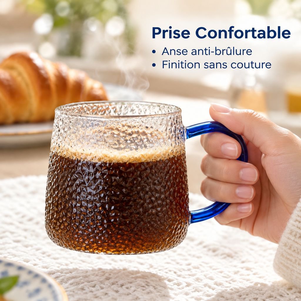 Tasse en Verre Borosilicate Martelé avec Anse Grande Capacité