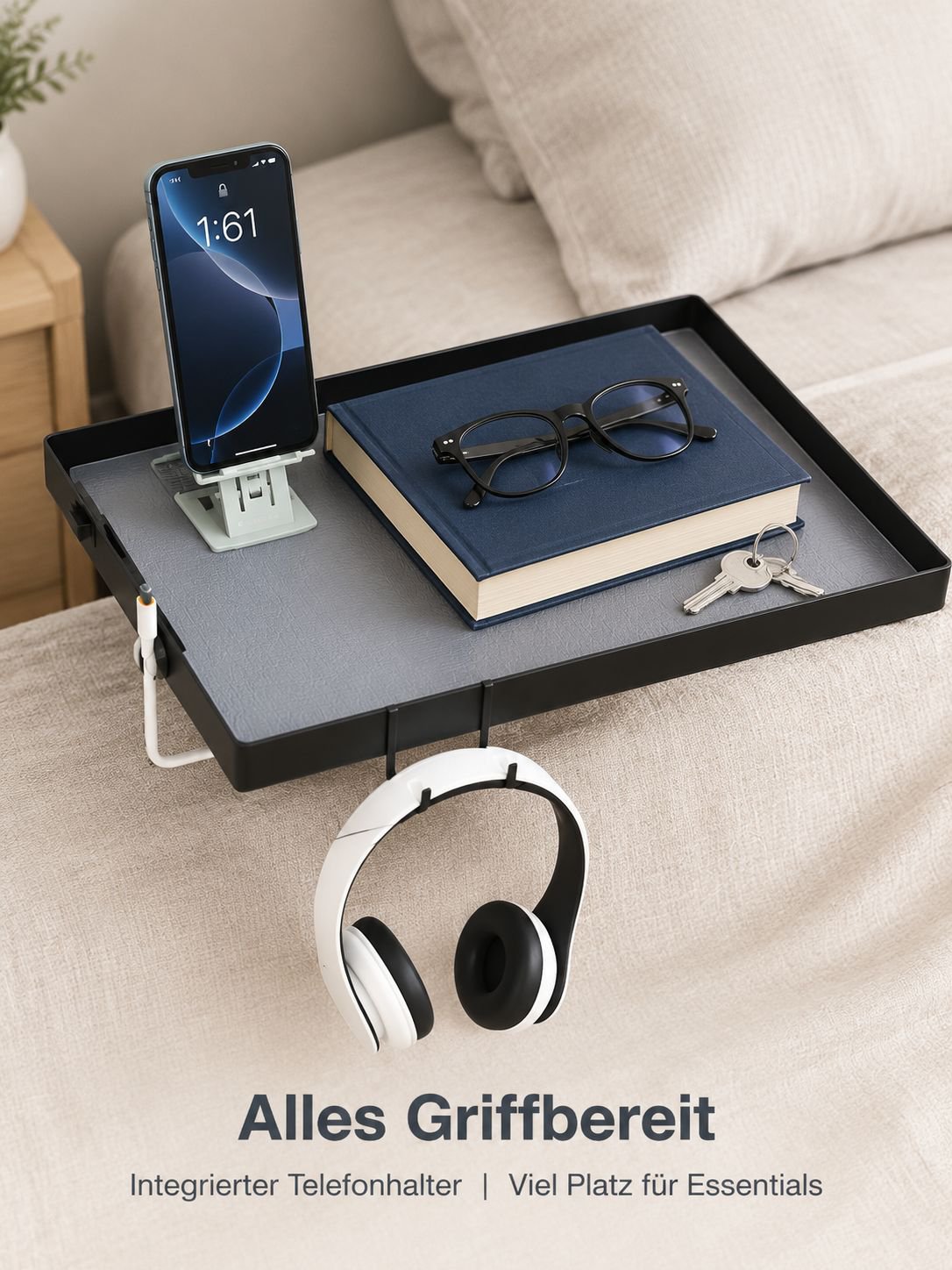 Bett-Side Organizer mit Clip – Telefonhalter und Ablage, bohrfrei