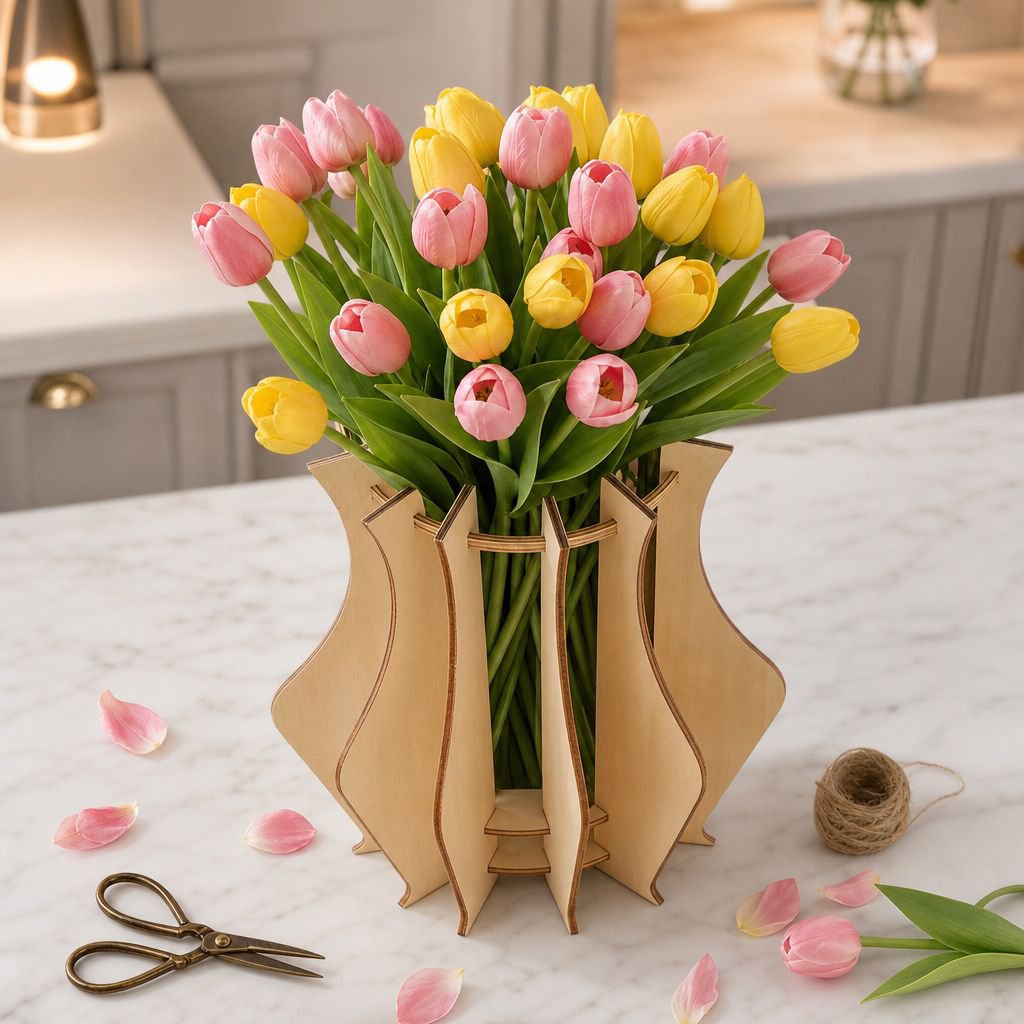 Puzzle Vase Holder, Wooden Bouquet Tray, Office Floral Decoration