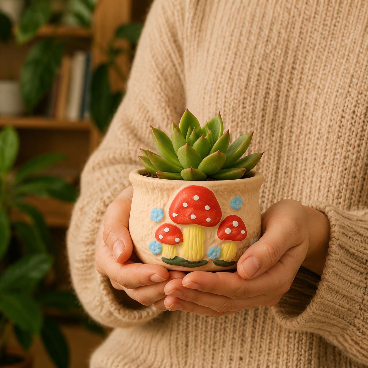 Unique handmade ceramic succulent pot with colorful mushroom details