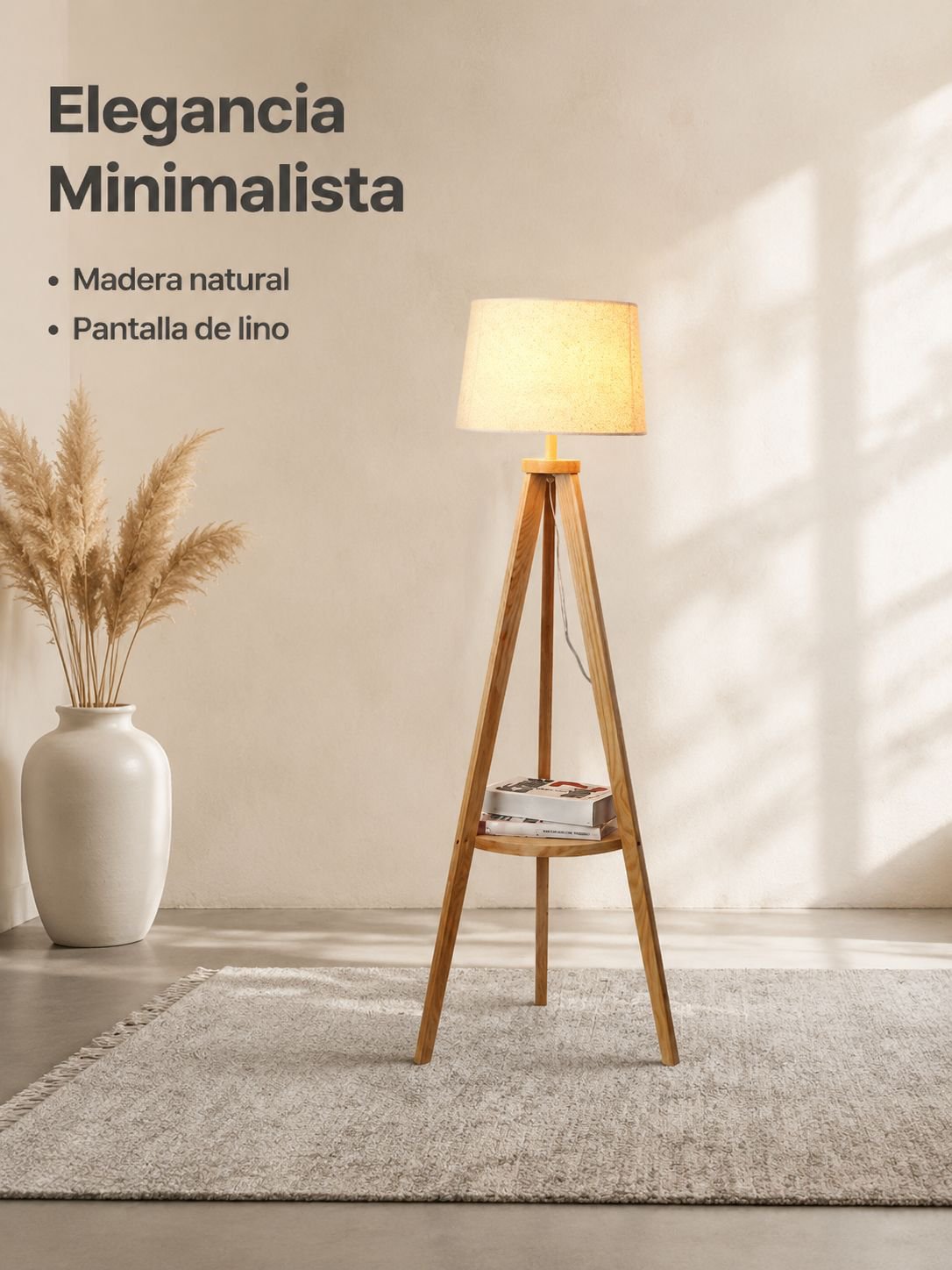 Lámpara de pie de salón con trípode de madera maciza