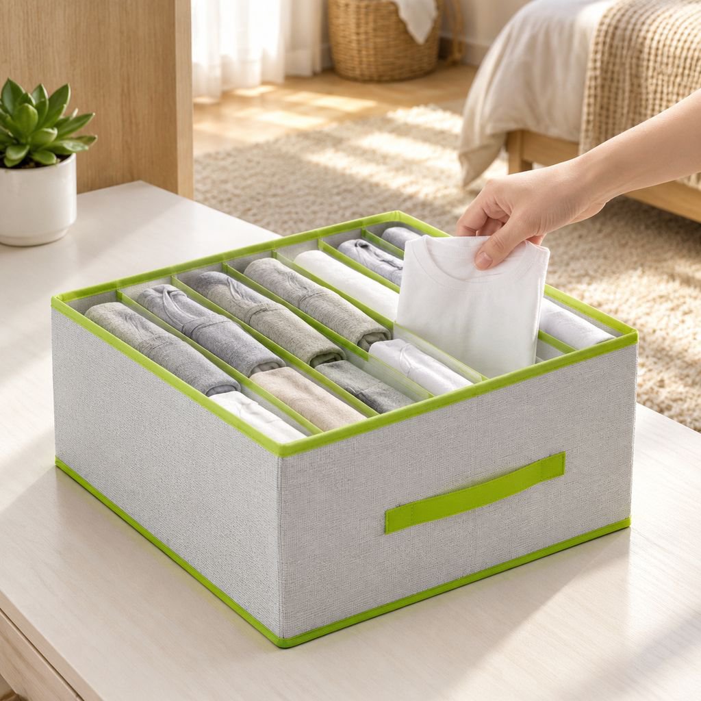 Foldable Partitioned Storage Bin for Pants and Clothing
