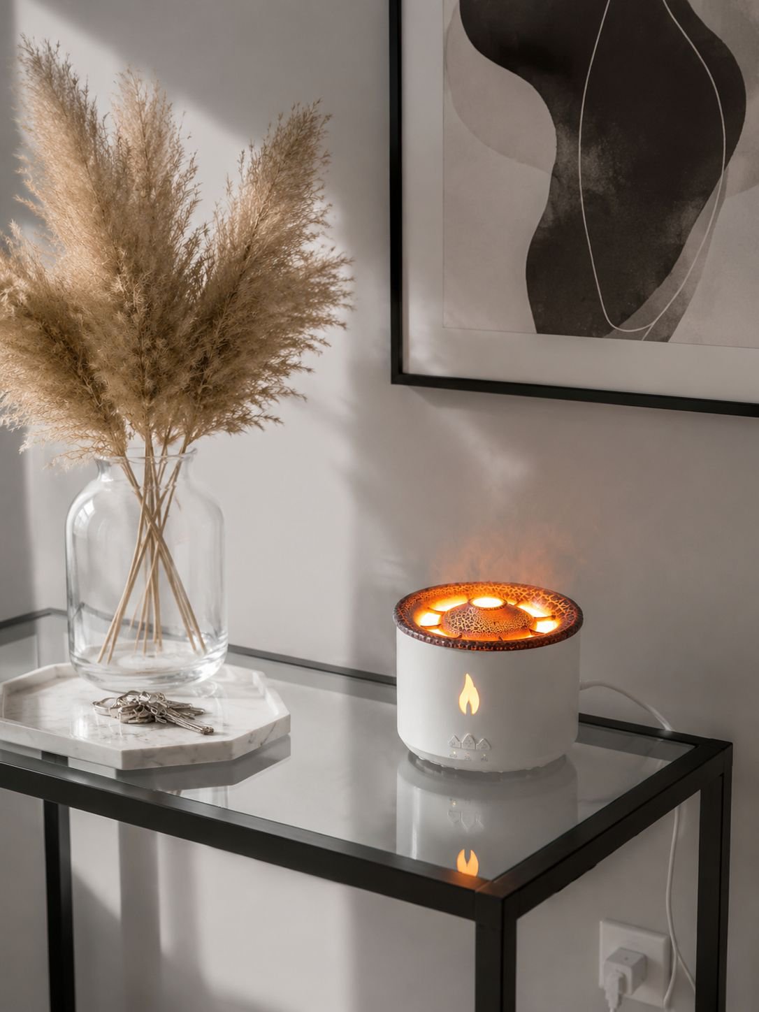 Compact volcano humidifier illuminating with soft LED lights