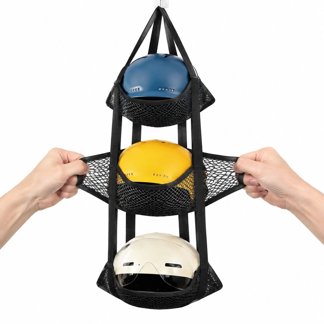 Durable mesh storage shelf holding basketballs and soccer balls