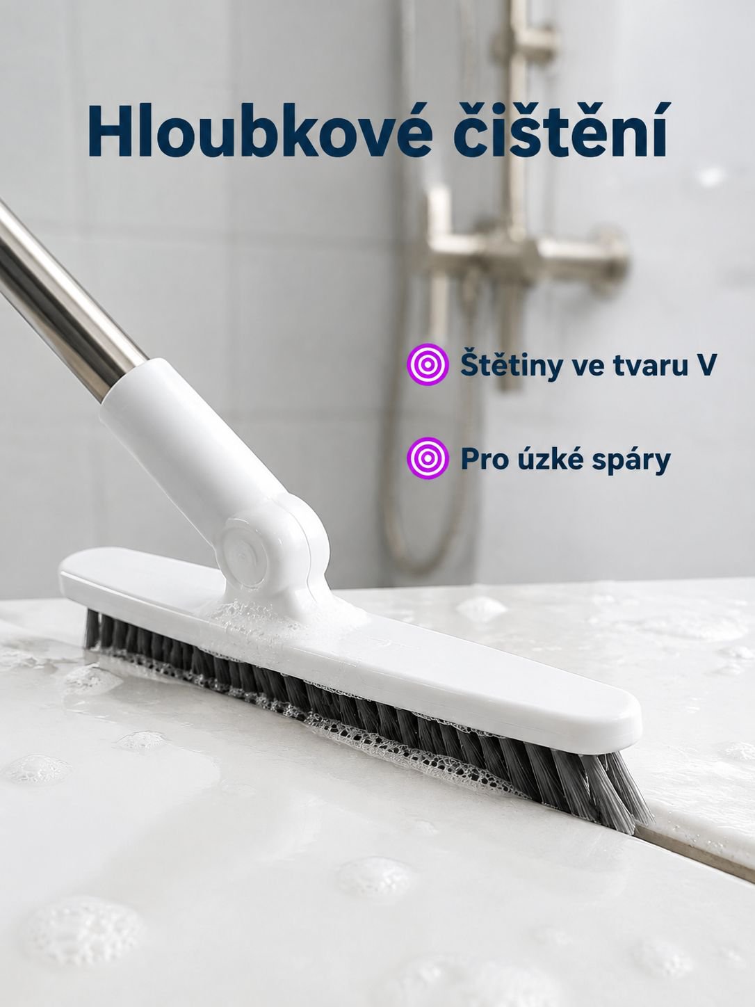 Multifunkční kartáč s dlouhou rukojetí na čištění spár dlaždic a koupelny