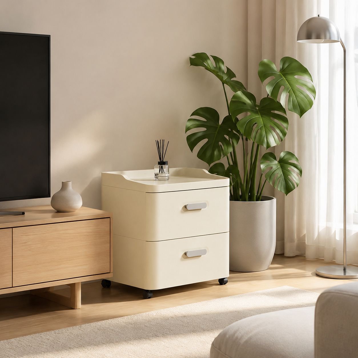 Multi-purpose drawer storage cabinet in modern bedroom