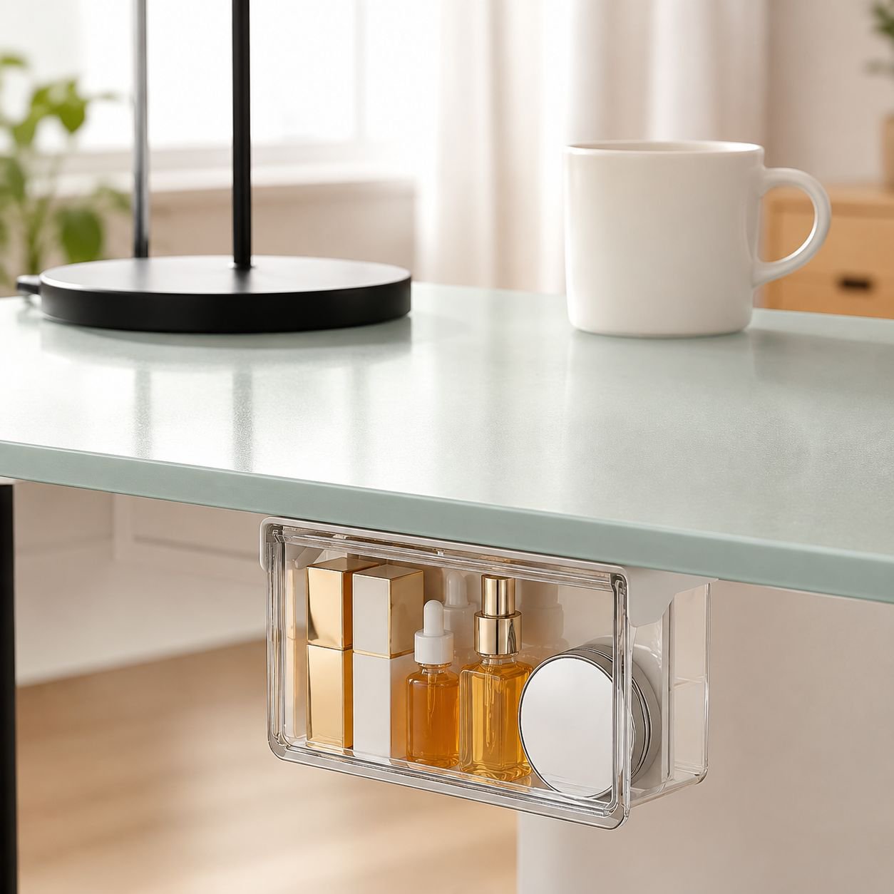 Under-Table Transparent Storage Box, 33° Tilt for Easy Access, Simple Installation