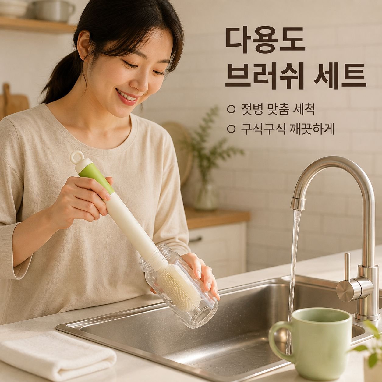 긴 손잡이가 달린 물병 겸 젖병솔이 포함된 다기능 세트