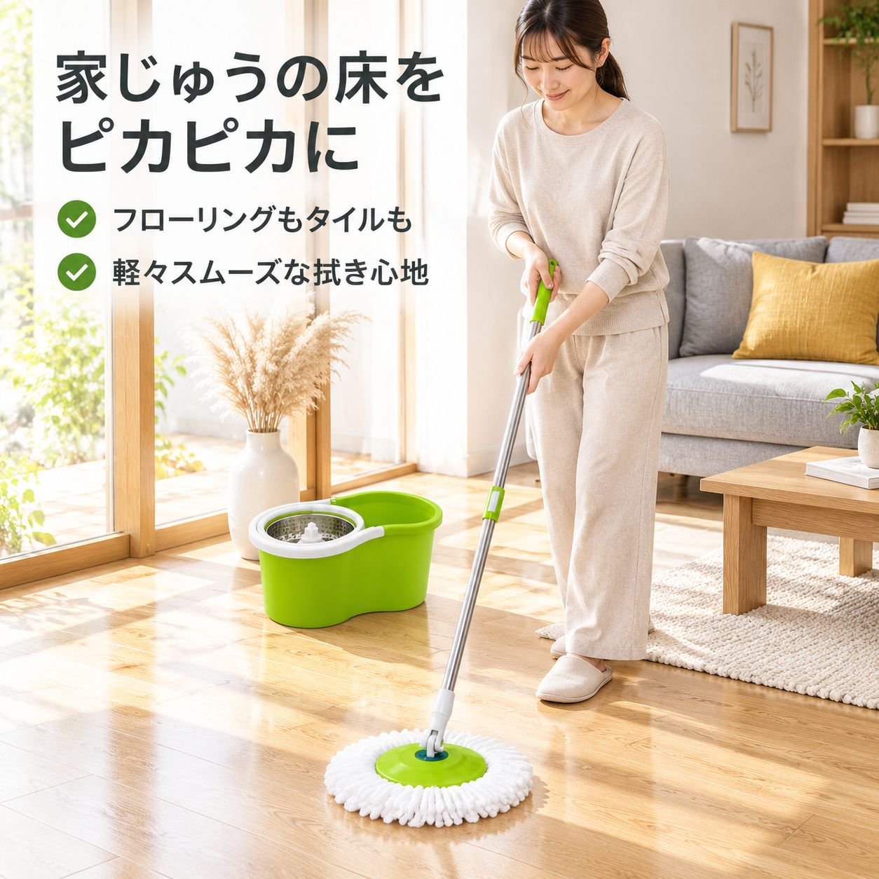 回転モップ 乾湿両用 8の字型バケツ ステンレスカゴ ハンズフリー 家庭用