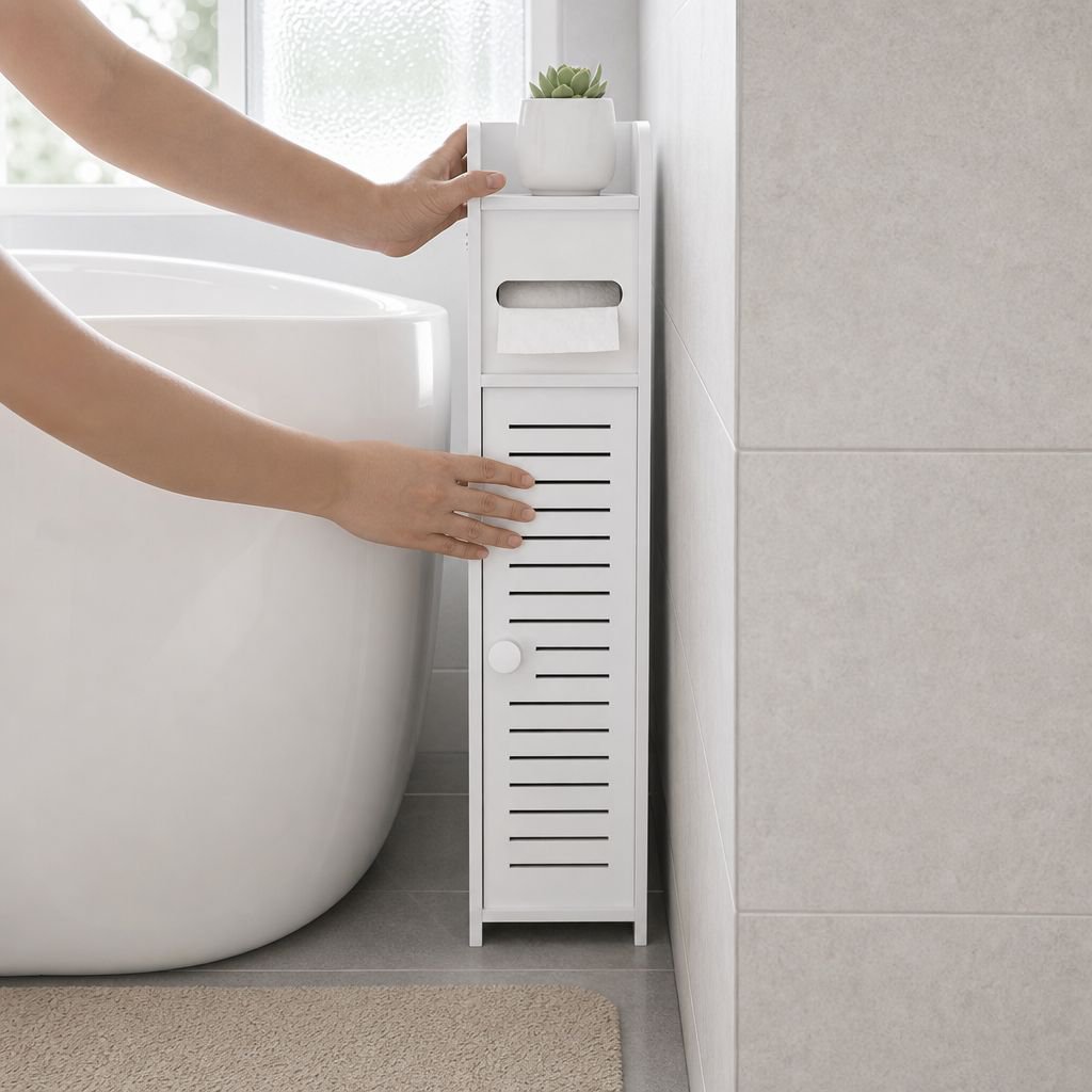 Waterproof bathroom storage rack beside toilet
