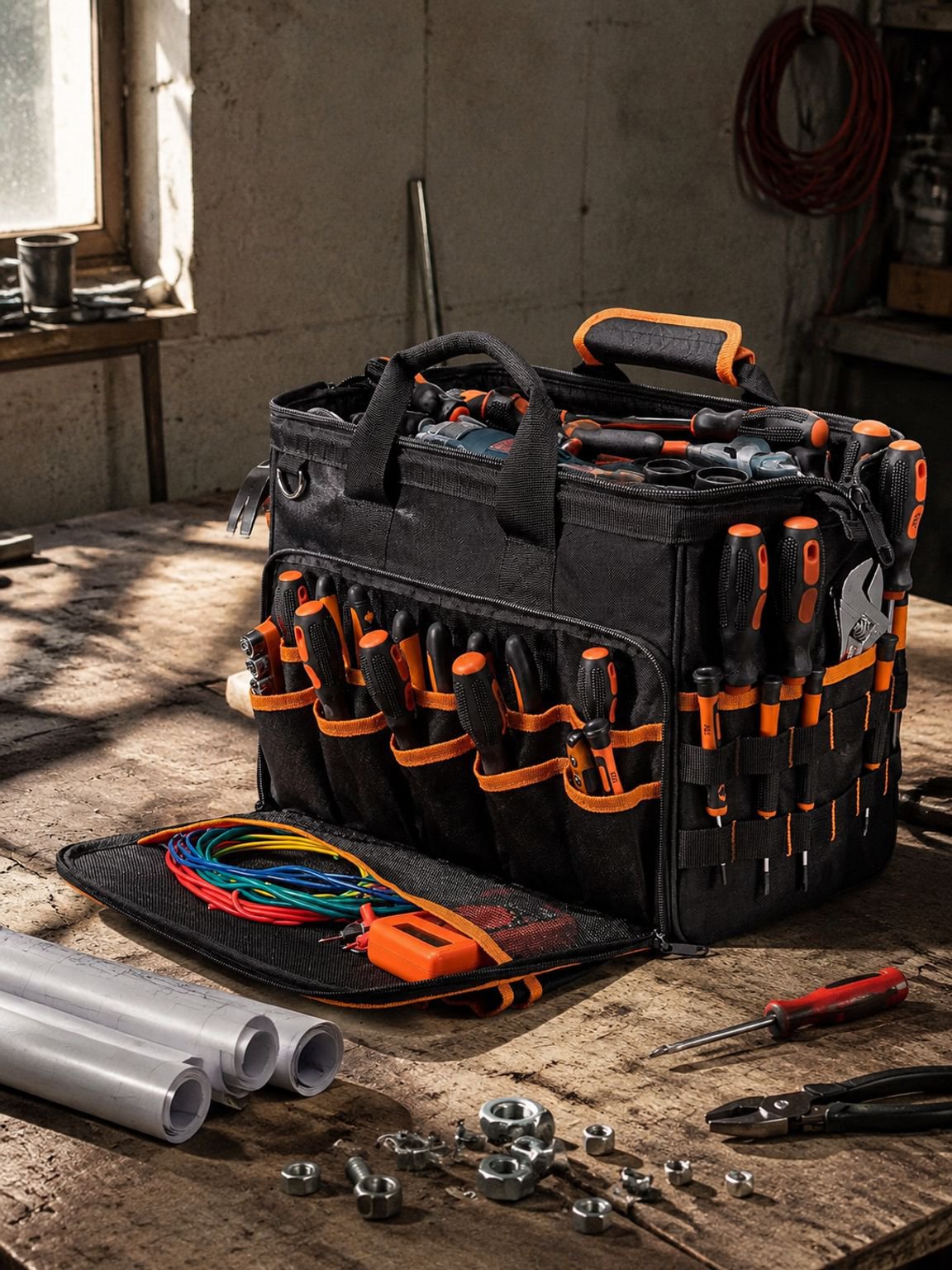 17-inch Heavy Duty Electrician Bag for Men, Foldable Wide-Mouth Storage Bag with Adjustable Shoulder