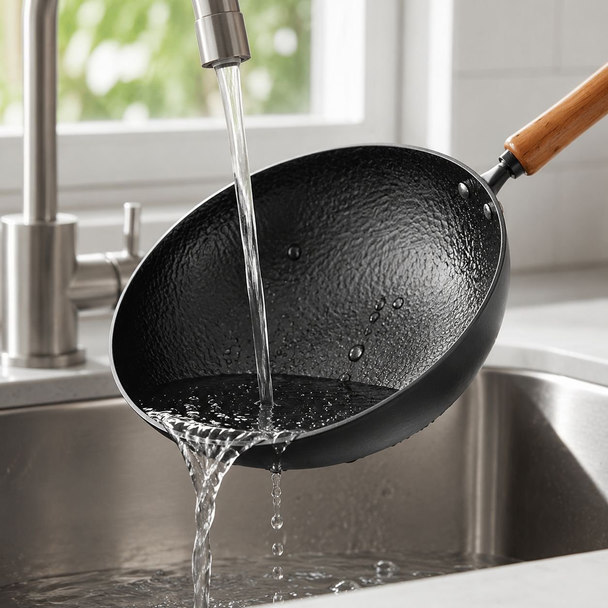 Household nonstick iron pan in modern kitchen