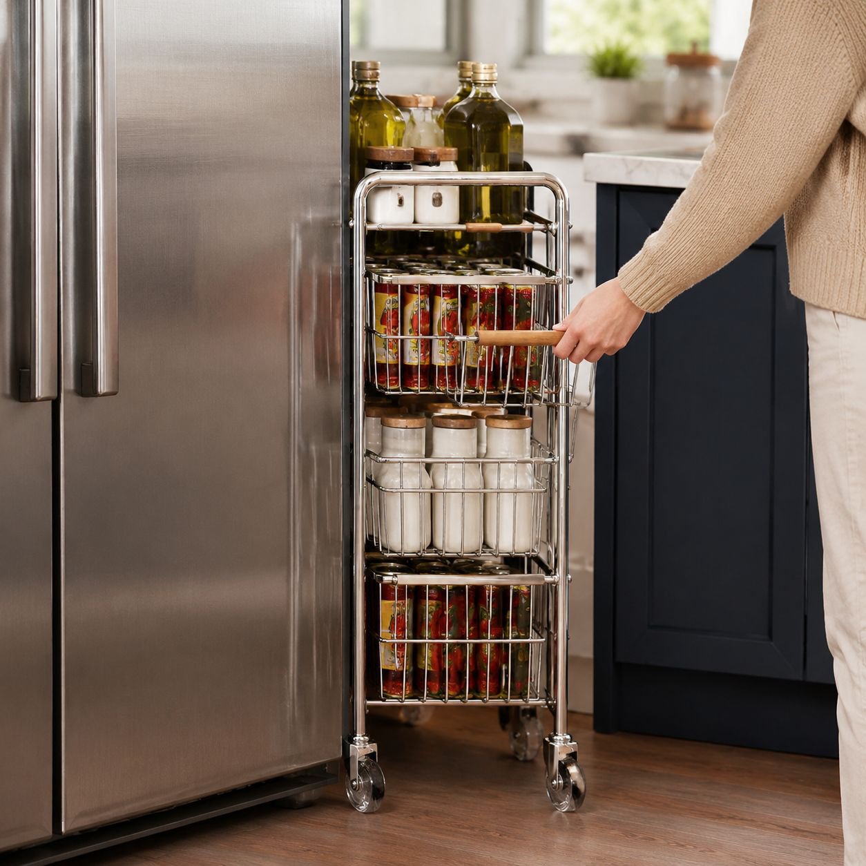 Slim Rolling Storage Organizer fitting between kitchen appliances