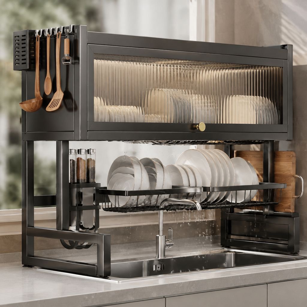 Double-Layer Dish Drainer Rack for Kitchen Sink Countertop, Dustproof Storage Cabinet with Doors