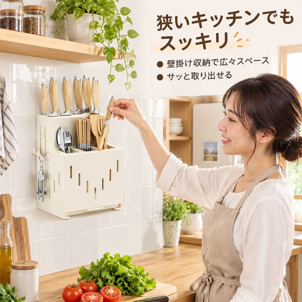 穴あけ不要の壁掛け式キッチンカウンター用炭素鋼製包丁・箸ラック