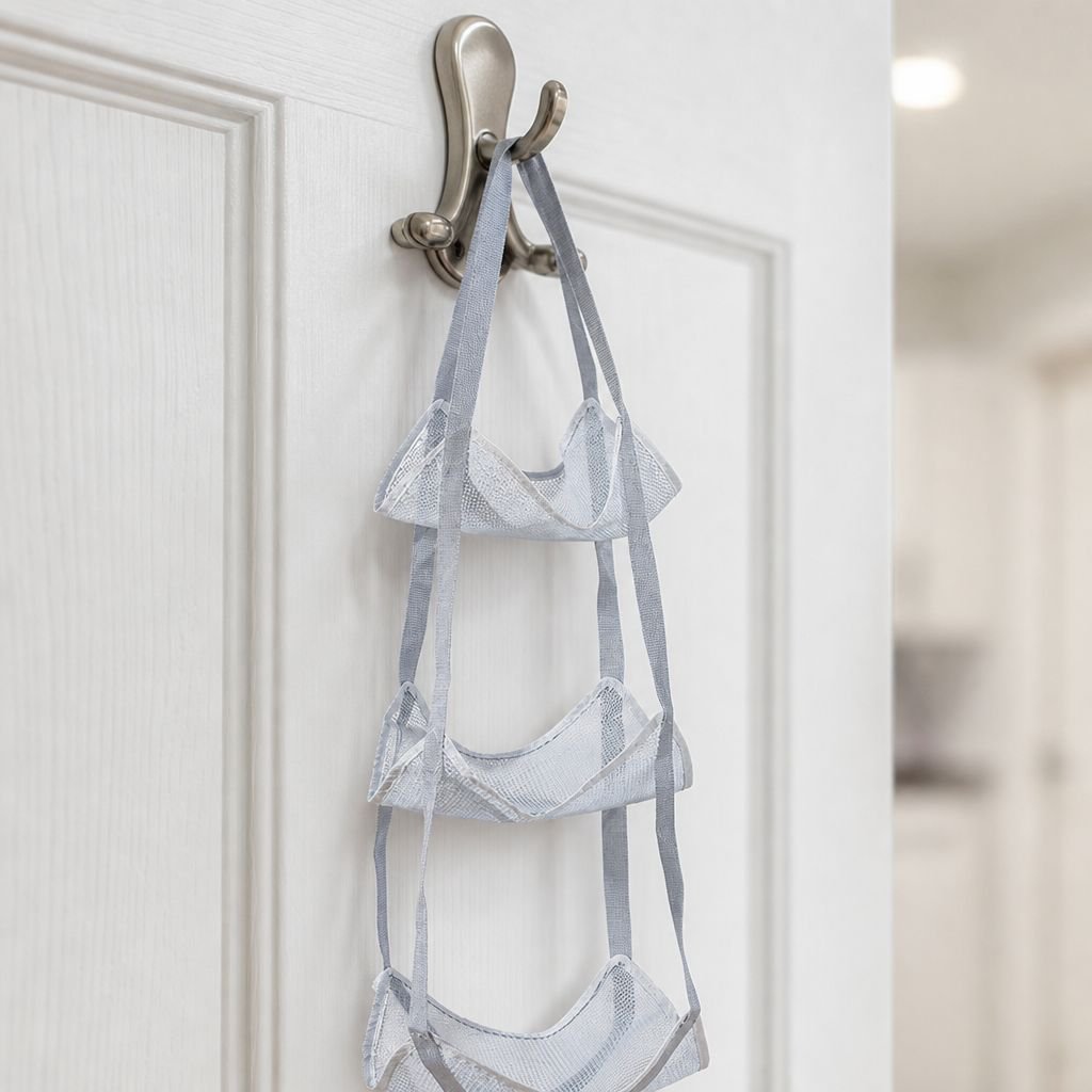 Over-the-door basketball rack organizer in use
