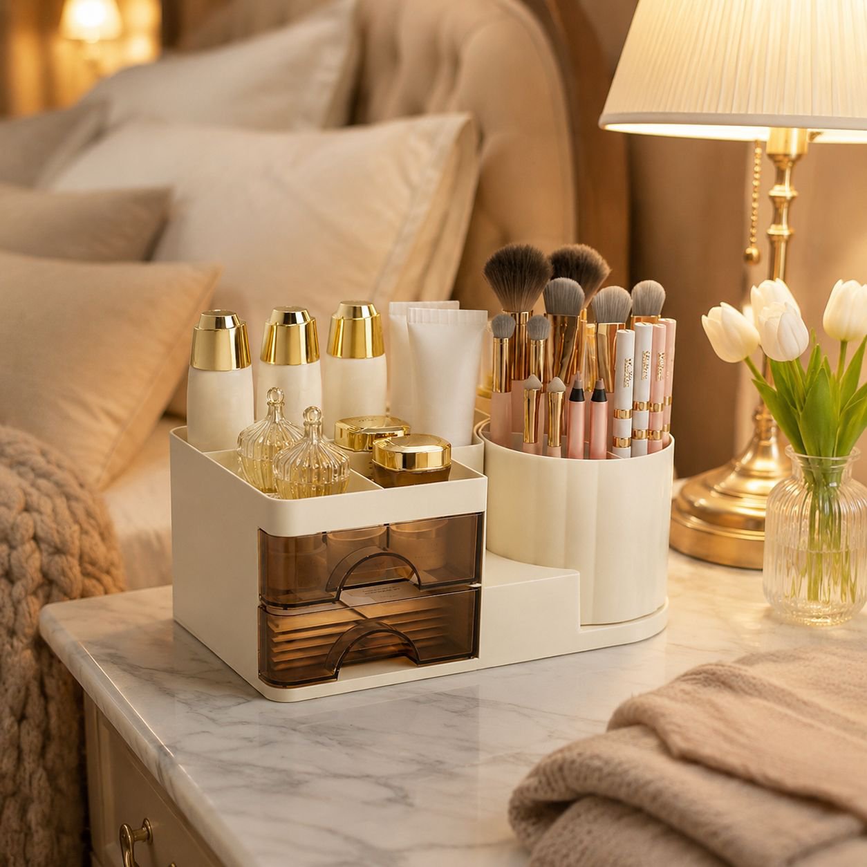 Desktop beauty storage box with clear dust cover