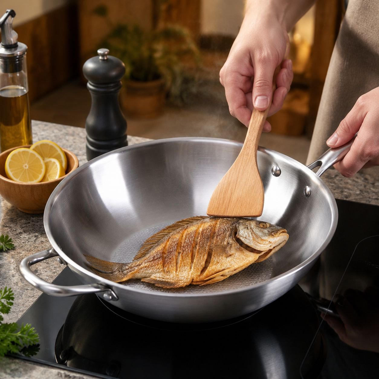 Household 304 Stainless Steel Non-Coated Frying Pan, Suitable for IH Cooktops