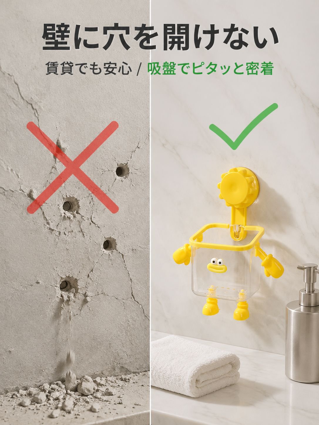 ドリル不要の吸盤式バスルーム収納ボックス